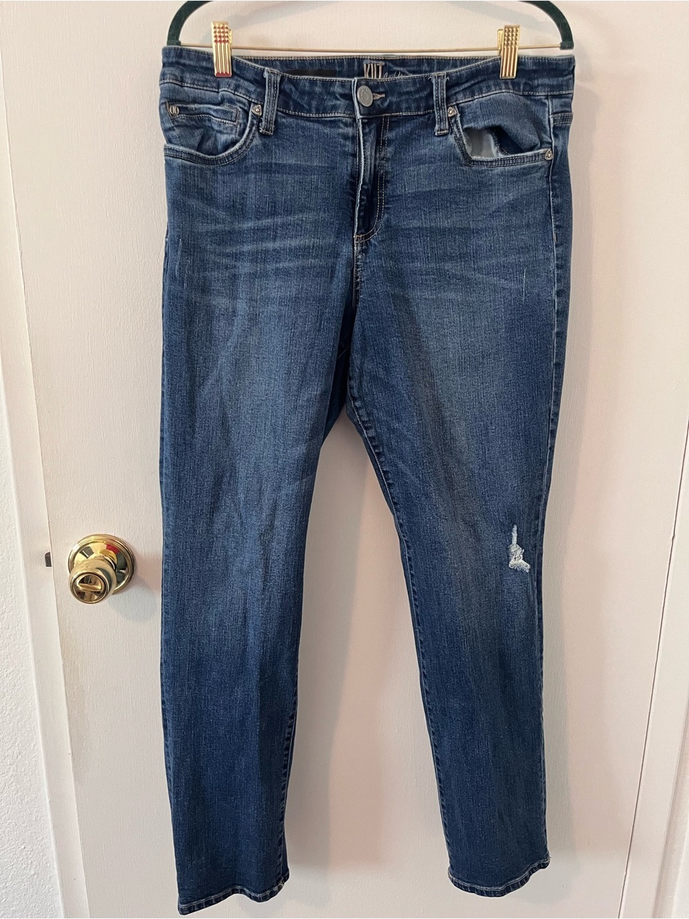 KUT from the Kloth Katy Boyfriend Blue Jeans Distressed Whiskered Size 12